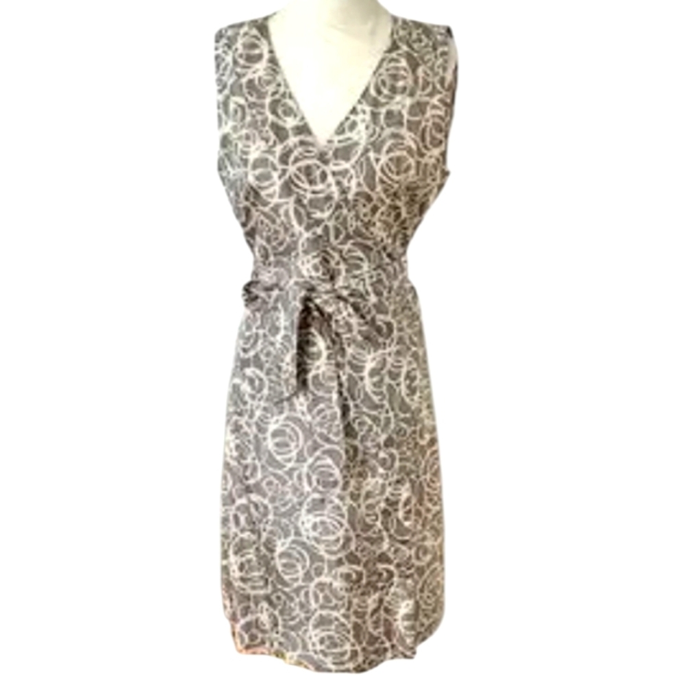 Garnet Hill gray white silk wrap sheath dress Womens 14